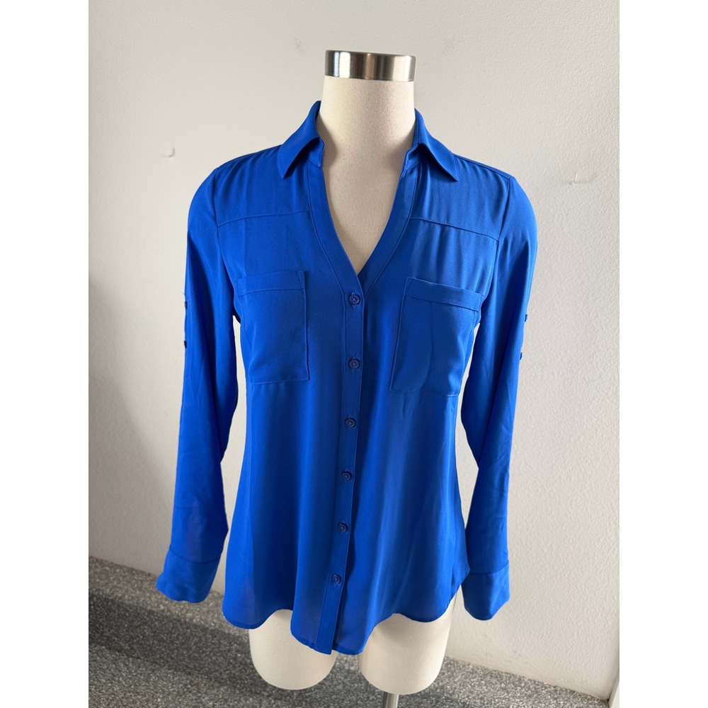 NEW Express Portofino Shirt Women XS Royal Blue Button Up Blouse Roll Tab Sleeve